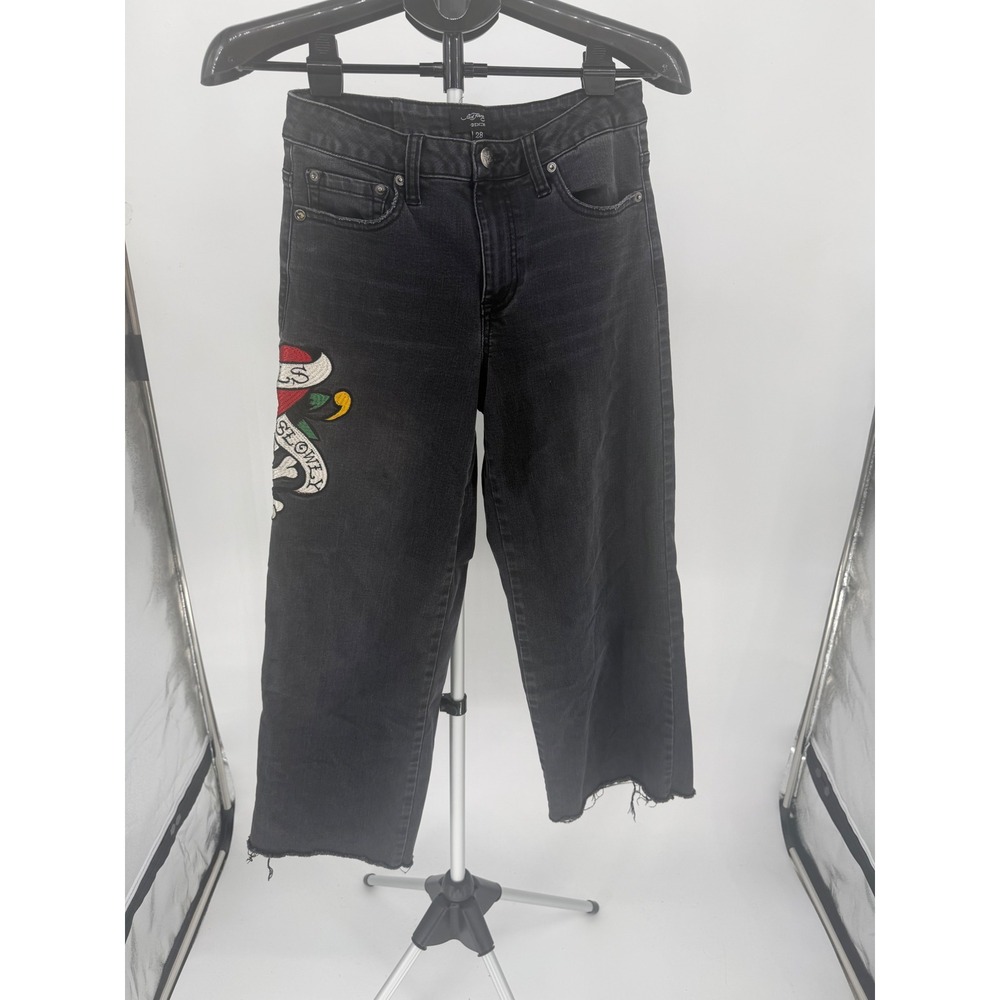 Ed Hardy Jeans Women 28 Black Excellent Wide Leg Embroidered Skull Tattoo Y2K